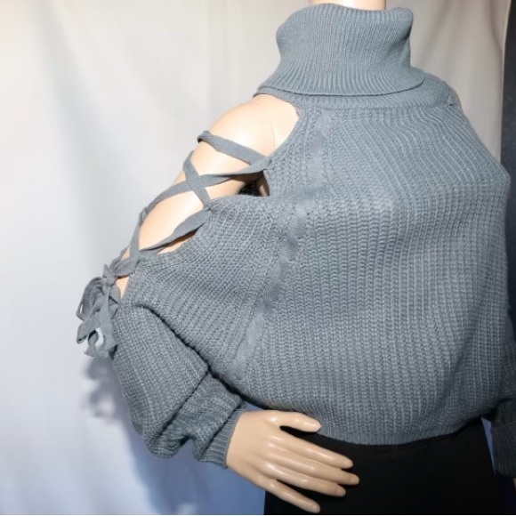 Papaya Gray Chunky Knit Cowl Neck Sweater Open Laced Sleeves Medium - Picture 6 of 10